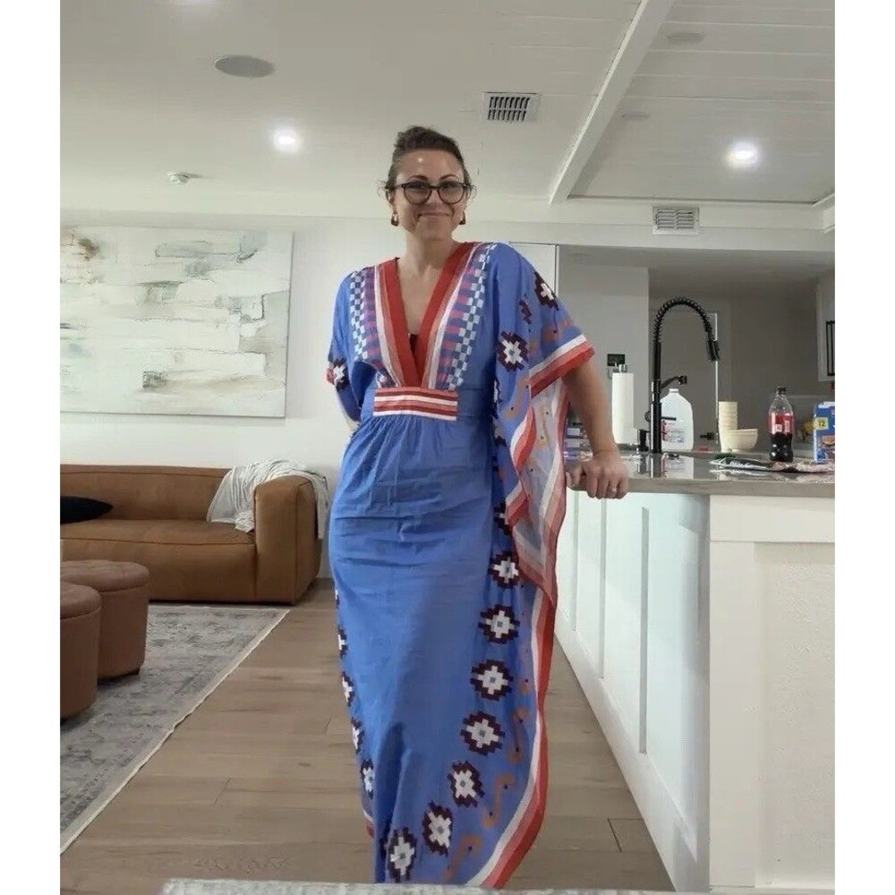 Carolina K Blue Taiel Embroidered Maxi Kaftan Dress Bohemian Luxury Cover Up